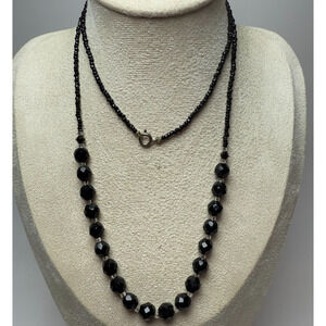 Vintage 30" Faceted Jet Black Glass Crystal Beaded Necklace Seed Beads Art Deco